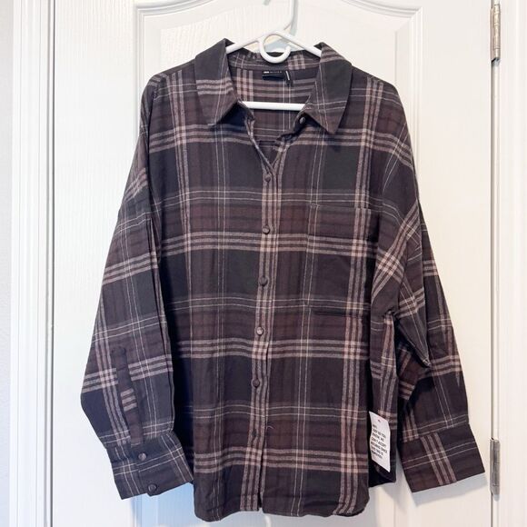 ASOS DESIGN Curve Oversized Flannel Shirt Brown Plaid NEW Size 14 Cotton Shacket - Picture 2 of 11